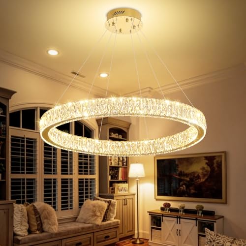 Crystal Ring Chandeliers for Living Room Foyer Hallway Staircase High Ceiling Chandeliers Long Hanging Pendant Light LED Dimmable 3000