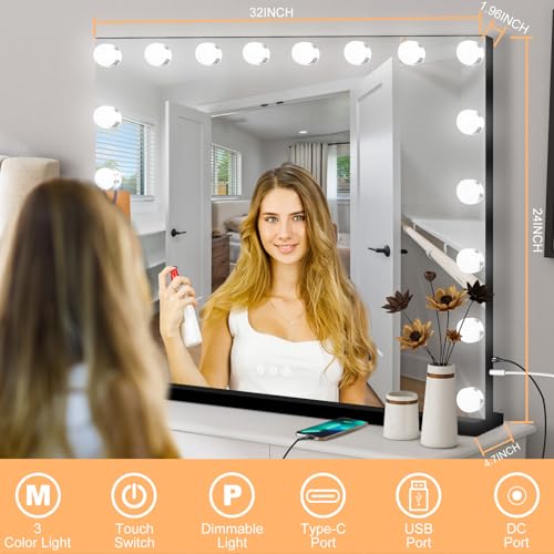 Vanity Mirror with Lights (Black / 32"L x 24"W)