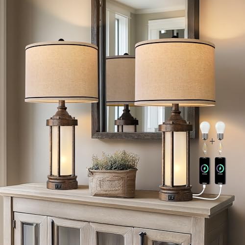 25'' Table Lamps Set of 2 for Living Room Bedroom Farmhouse Metal Lamps with 2 USB Ports (Antique Bronze)