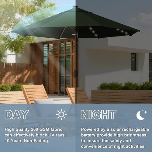 USA 10-Year-Non-Fading 10ft Market Patio Umbrella, Commercial Grade Table Sun Umbrella with 80 Solar LED Lights, Crank Open, Windproof & UPF 50+ UV Protection for Garden, Deck, Pool, Backyard, No Tilt, Fern (Fern / 10FT(Single Vent No Tilt))