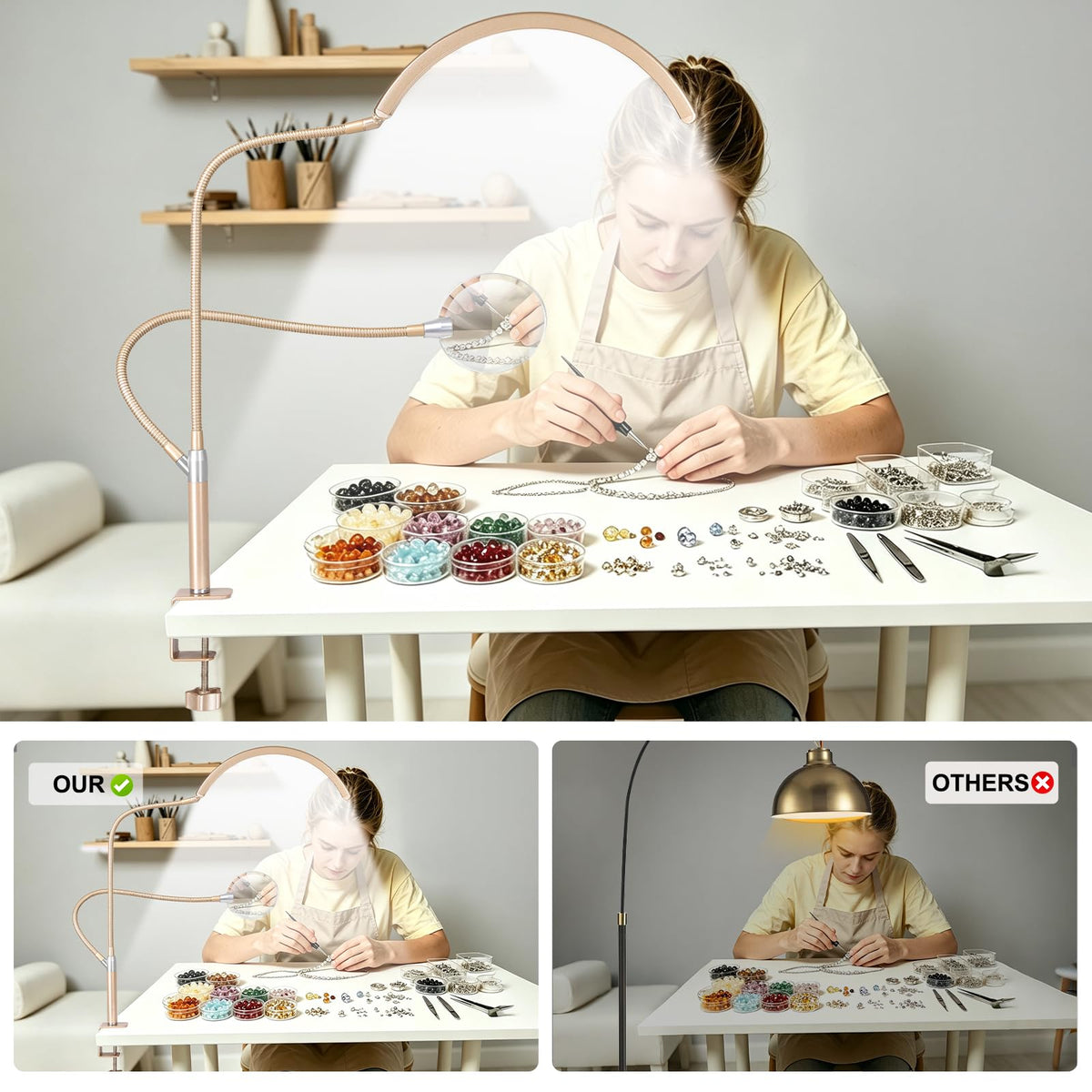 Half Moon Desk Lash Light with 4X Magnifier (Gold)