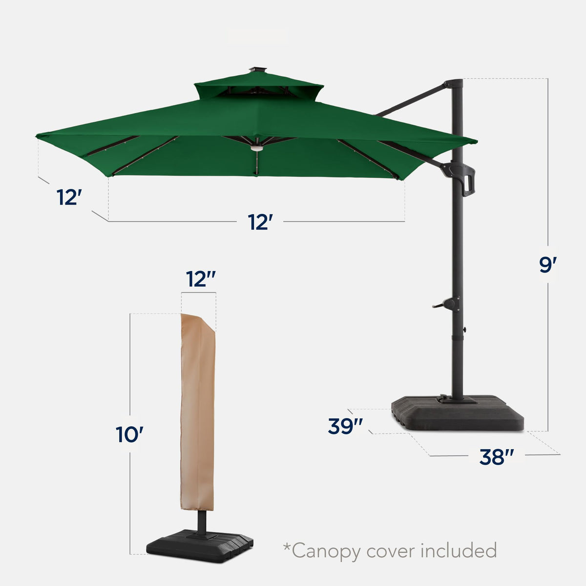 12x12ft LED Cantilever Patio Umbrella w (12x12ft / Green)