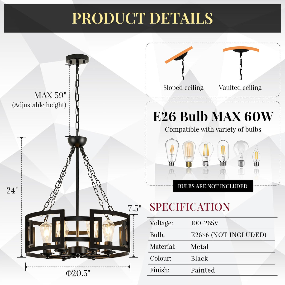 20.5" 6 Light Industrial Drum Chandelier with Black Metal (Drum Black / 20 inches)