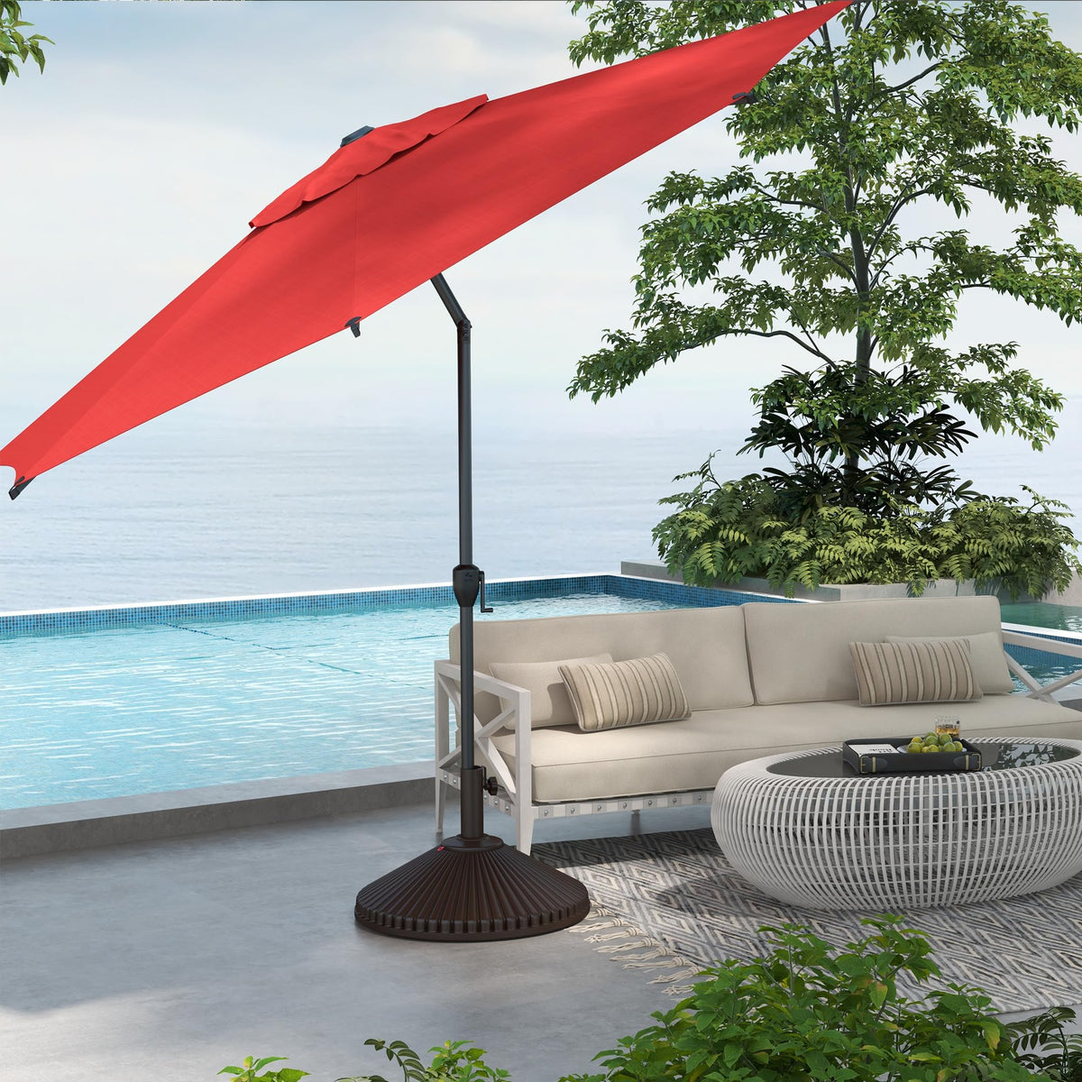 9FT Lyon Outdoor Patio Umbrella Outdoor Table Umbrella with Push Button Tilt and Crank Market Umbrella 8 Sturdy Ribs UV Protection Waterproof for Garden Deck Backyard Pool Dark Red (9 FT(8 Ribs) / Red)