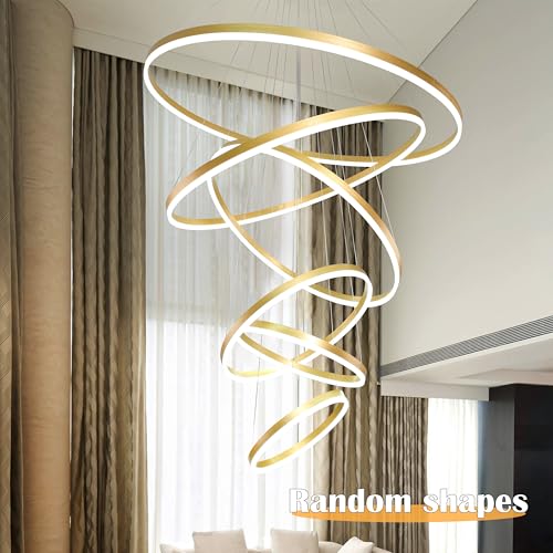 47.2" Modern Gold Led Chandelier 6 Rings Pendant Lights Dimmable Height Adjustable Chandeliers Color Temperature Gold Chandelier Led Pendant Light for Dining Room Entryway Bedroom (Gold / 6Ring-47")