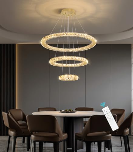 Modern Crystal Chandelier Dimmable LED Ceiling Light Fixture 3 Ring Adjustable Stainless Steel Chandeliers for Dining Room Living Room Bedroom Gold (Gold / 3-Ring 24")