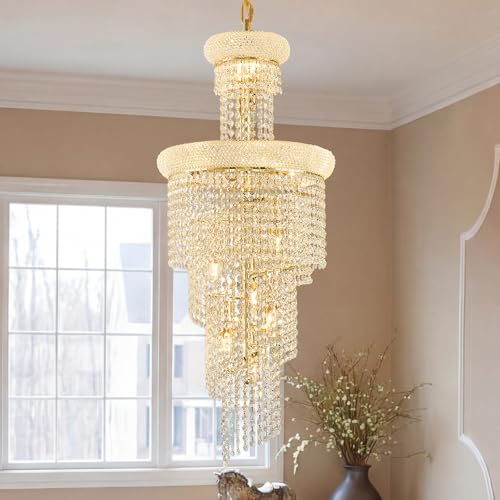 14 Light Spiral Crystal Chandelier Gold Finish for Foyer Entryway Living Room Dining Room 36'' H X 16'' W X 16'' D (Gold / 36'' H X 16'' W X 16'' D)