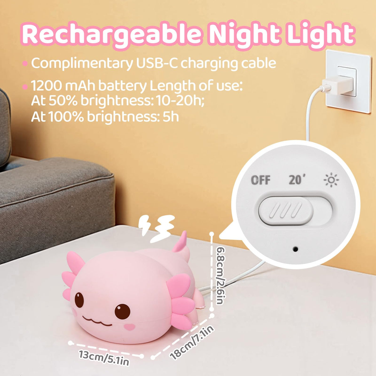 Huggwaii Squishy Axolotl Night Light for Kids (Pink-1)