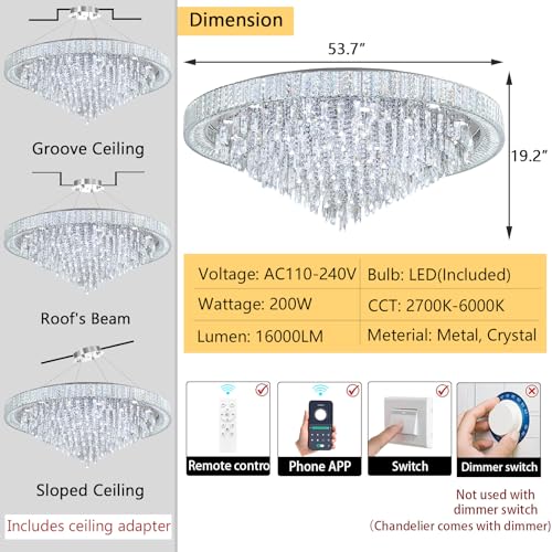 53.7" Modern Chandeliers LED Dimmable Crystal Flush Mount Ceiling Chandeliers for Living Room High Ceiling Entrance Foyer Lobby Bedroom Silver (Silver / 53.7" Width)
