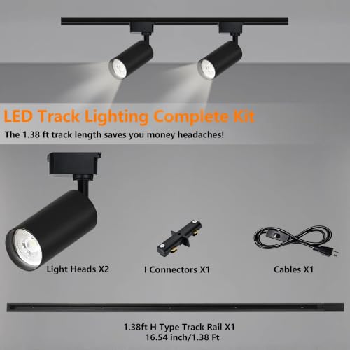 Plug in LED Track Lighting Kit H Type 4000K 2PCS 20W Black (1.4FT Track Kit)