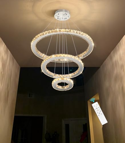 Modern Crystal Chandelier Dimmable LED Ceiling Light Fixture 3 Ring Adjustable Stainless Steel Chandeliers for Dining Room Living Room Bedroom Silver (Silver / 3-Ring 24")