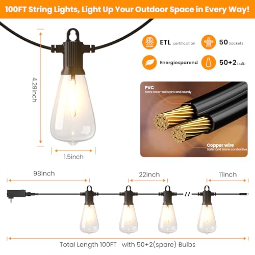Outdoor String Lights for Patio (100FT Discolor)