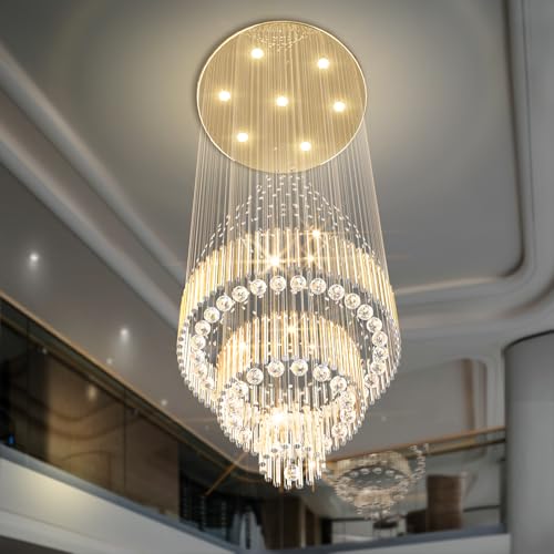 D24''XH86'' Modern Foyer Chandelier for High Ceiling Modern LED Crystal Raindrop Chandelier for Tall Living Room (Gold / D24"X H86")