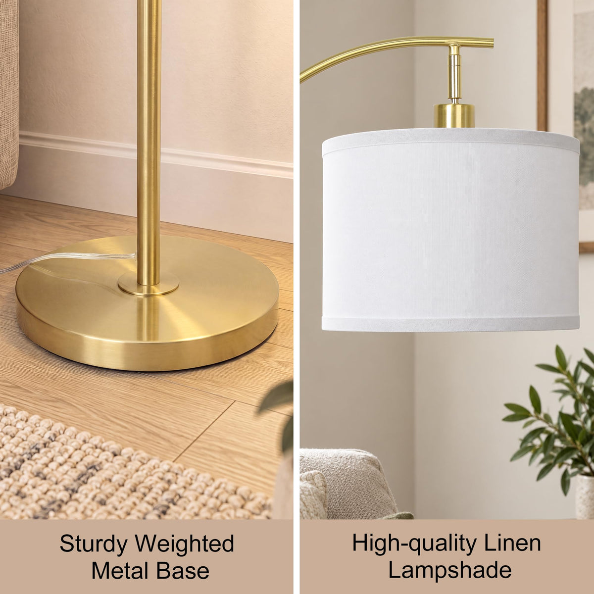 Upgraded Gold Arc Floor Lamp Adjustable Height 55 (Gold+White Shade-Arc)