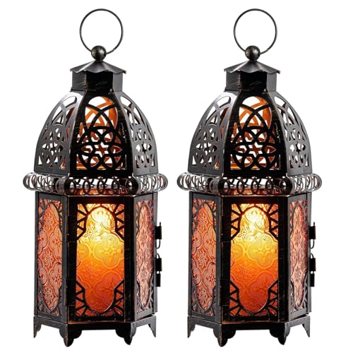 Set of 2 Vintage Large Decorative Moroccan Candle Lantern (Large / Amber - 12.8''h)