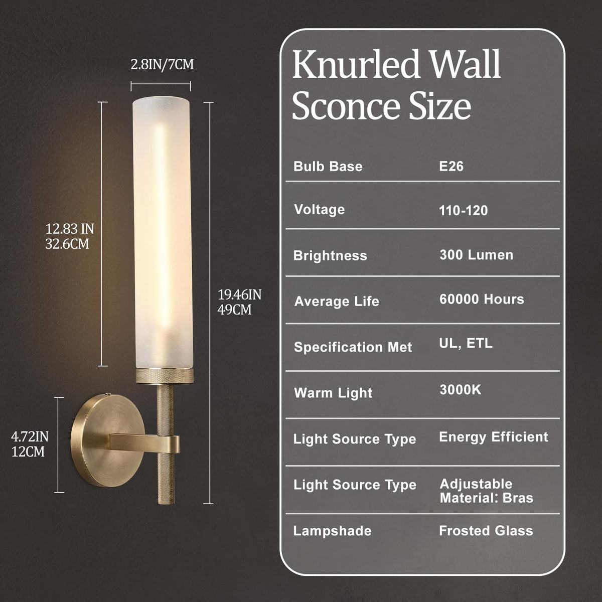 20" Knurled Brass Bathroom Wall Sconces (20-IN-Brass-1PC)