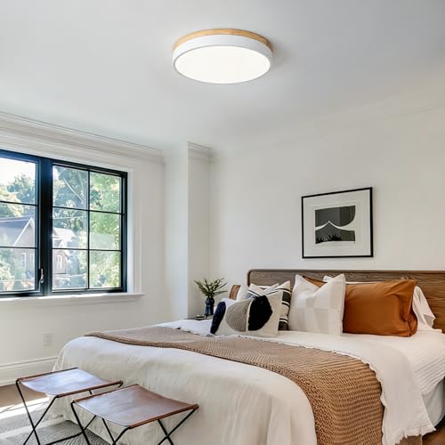 Dimmable LED Wood White Round Flush Mount Ceiling Light 15.74 Inch (White- Dimmable / 15.74 Inch)