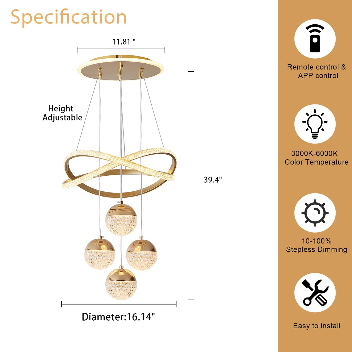 Gold LED Chandeliers (Gold,16.1inch)