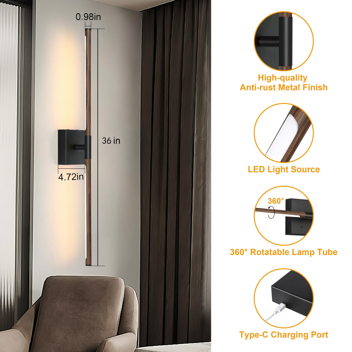 Black Walnut Battery Operated Wall Sconces Set of Two with Remote (Walnut Black / 40 Inch (2 Pack))