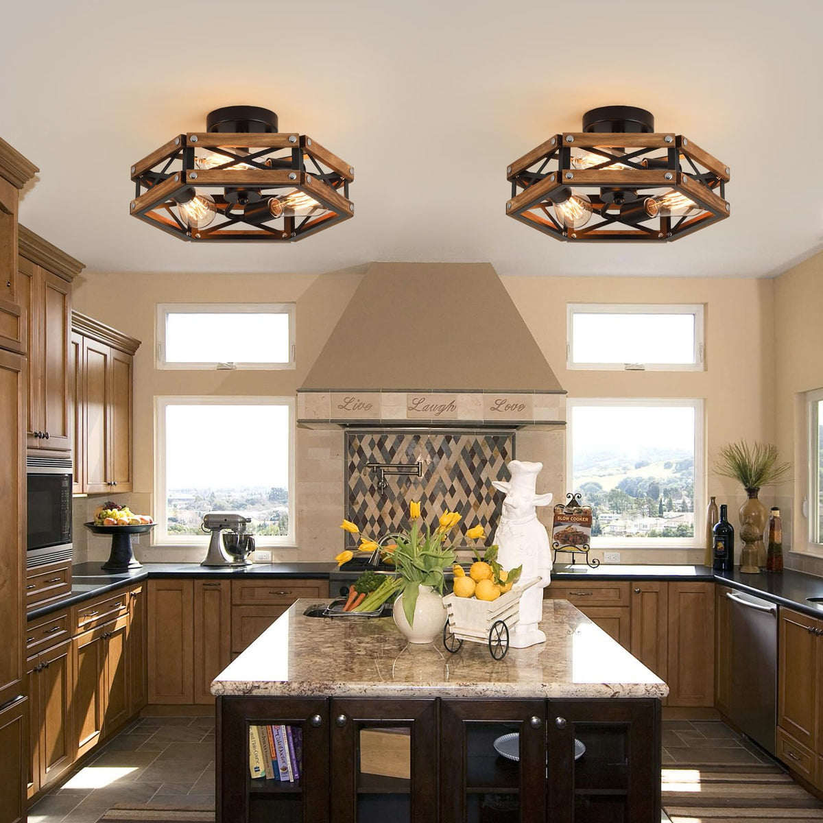 2 Pack 3 Light Rustic Farmhouse Wood Flush Mount Ceiling Light Fixture Oak Wood and Metal Cage Semi Flush Mount Ceiling Light for Hallway Hall Entry Bedroom Kitchen Farmhouse (Oak and black 2 pack)