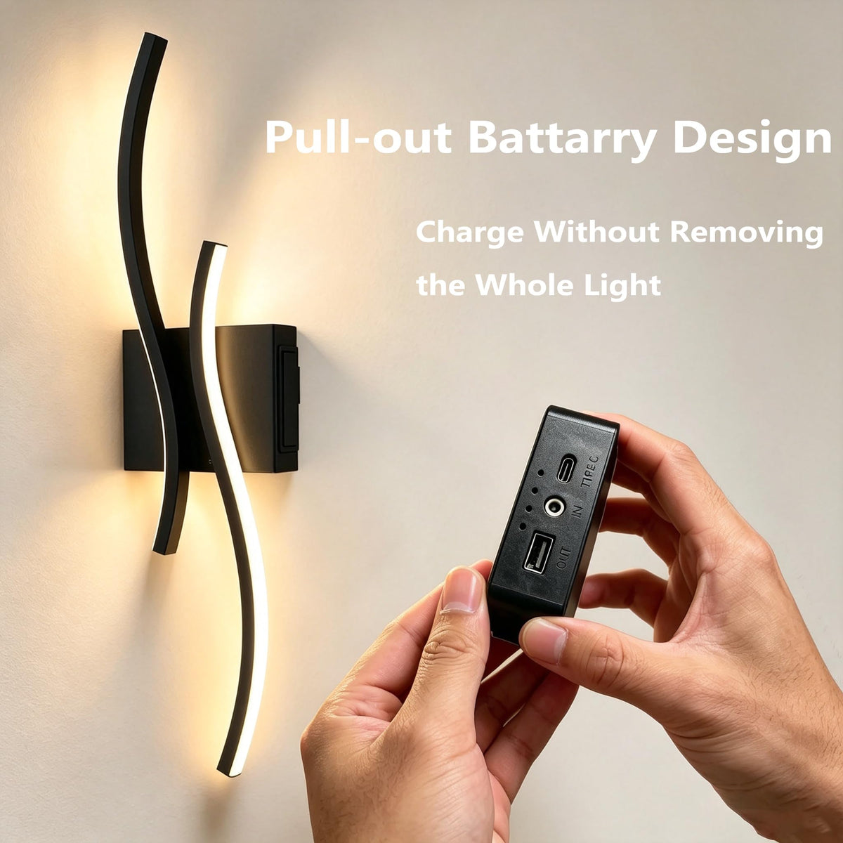 Battery Operated USB Rechargeable Wall Sconce (Black-Dimmable / Battery Charge)