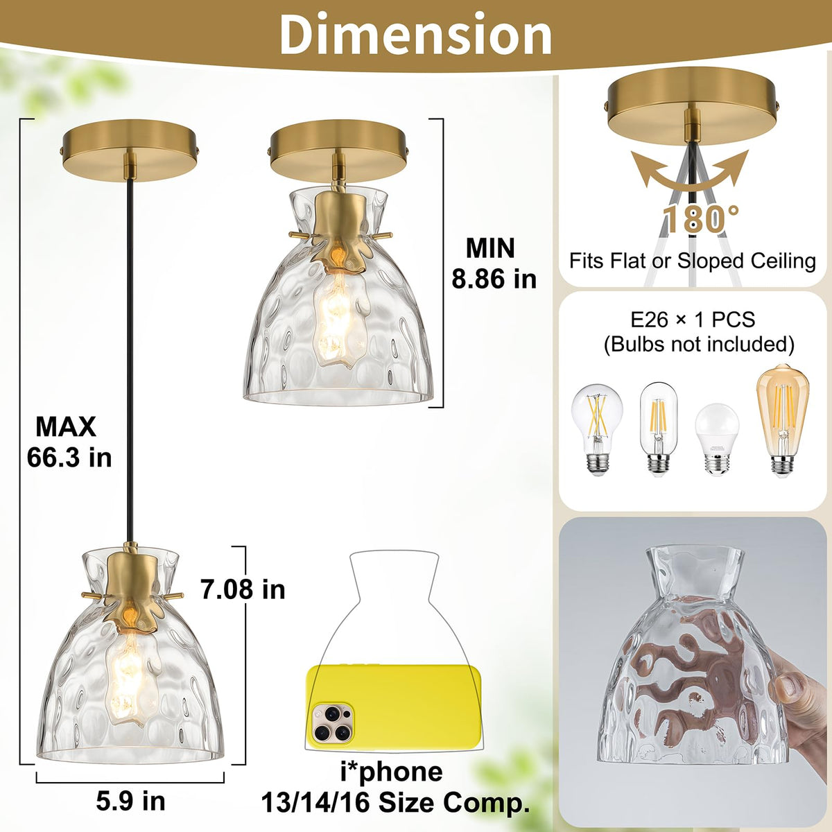 5.9" Mini Black Gold Hammered Glass Pendant Lights Kitchen Island Lighting (1-Pk Brushed Gold / D5.9")