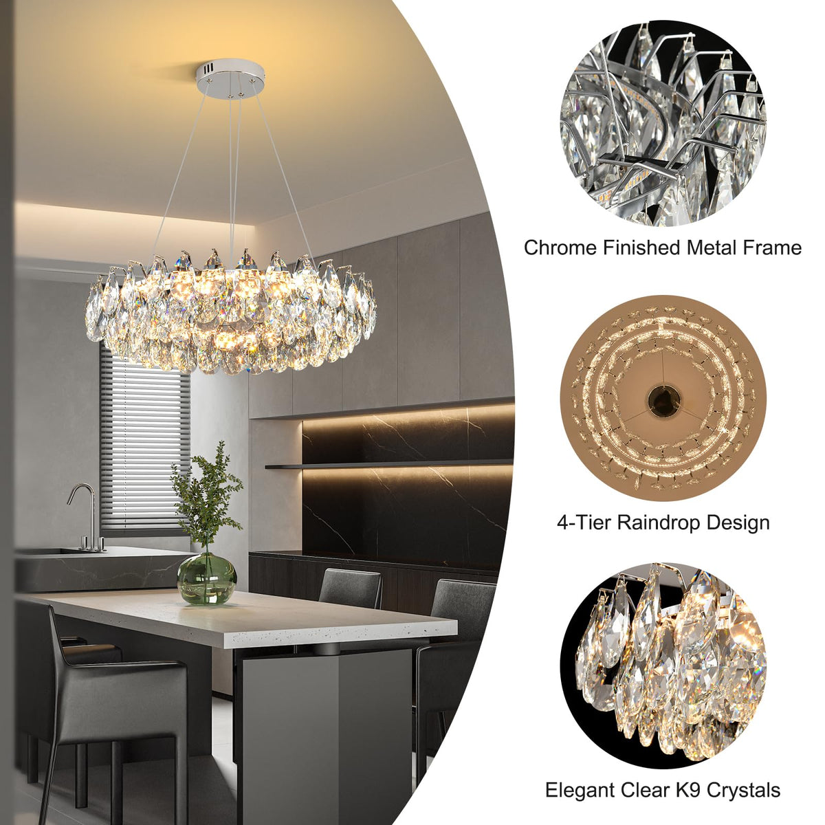 Modern Round Crystal Chandelier 24 Inch Chrome Dimmable LED Crystal Ring Chandelier 4 (6801-60 Chrome)