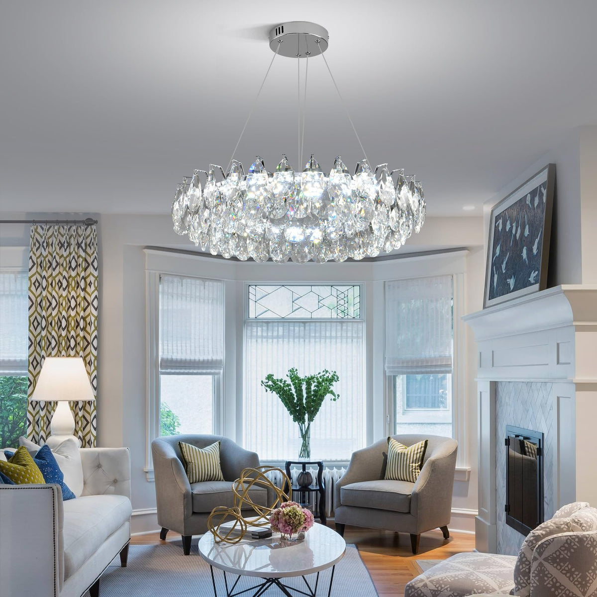 Modern Round Crystal Chandelier 24 Inch Chrome Dimmable LED Crystal Ring Chandelier 4 (6801-60 Chrome)