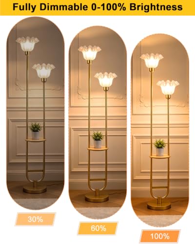 Dimmable Flower Floor Lamp for Living Room Modern Mid Century Floor Lamp with Table Gold Tall Standing Lamp for Bedroom (2U-L-Gold)