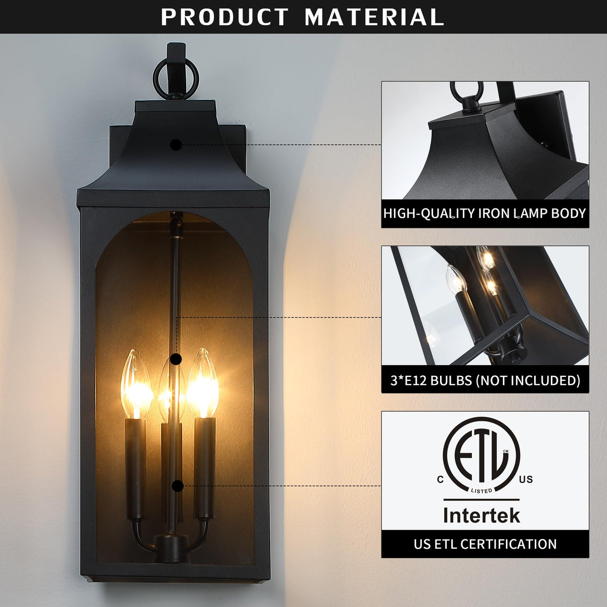 22-Inch 3-Light Outdoor Porch Wall Lantern, Black Exterior Light (22 inch)