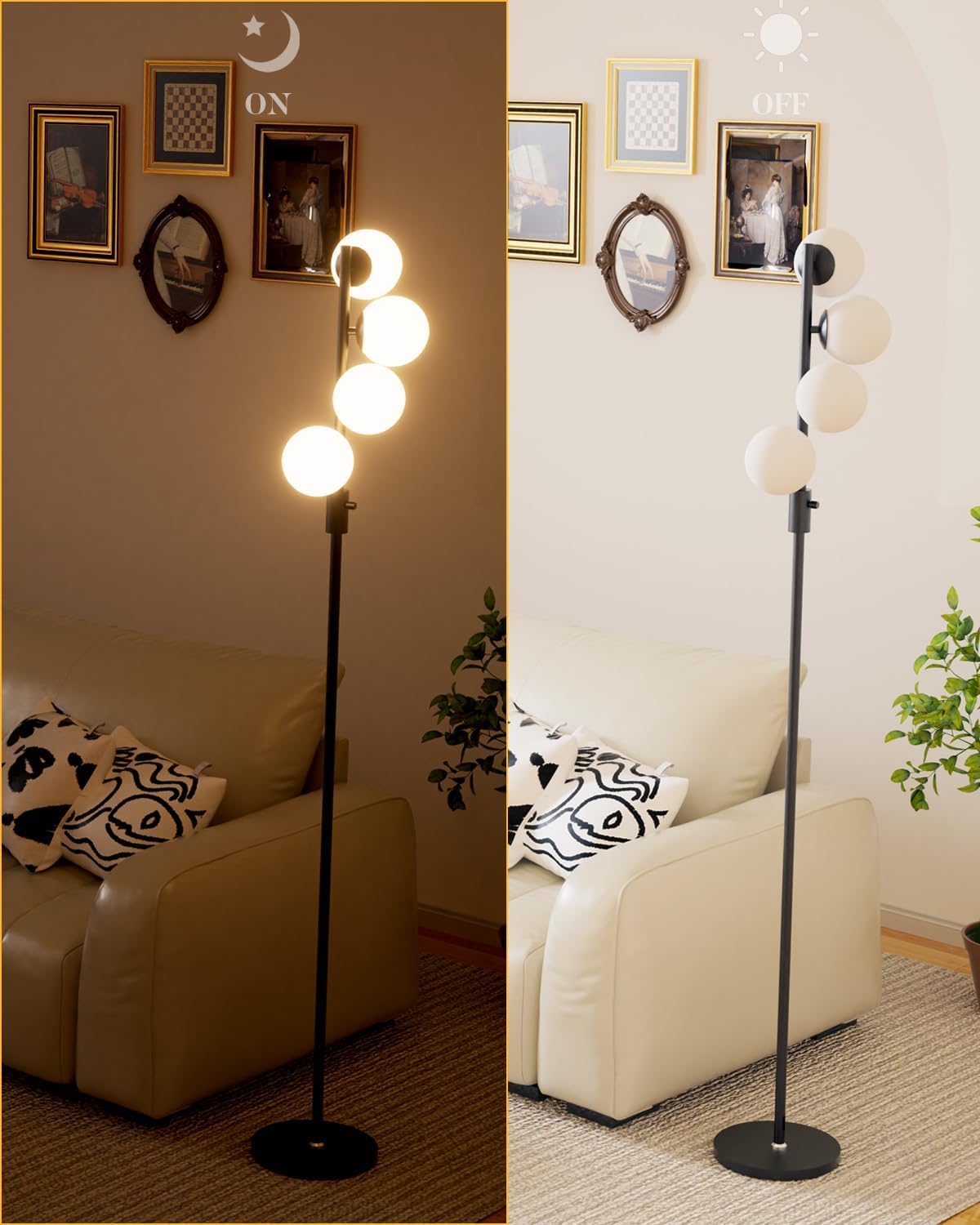 Black Globe Floor Lamp Dimmable 64IN Tall Standing Lamps with Soft Warm White Eye Care 3000K G9 Bulbs (Black-4)