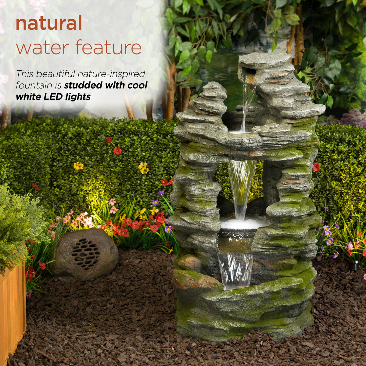 WIN1648 39" Stacked Stone Rainforest Fountain with Cool White LED Lights (39"h - 3 Cool White Leds)