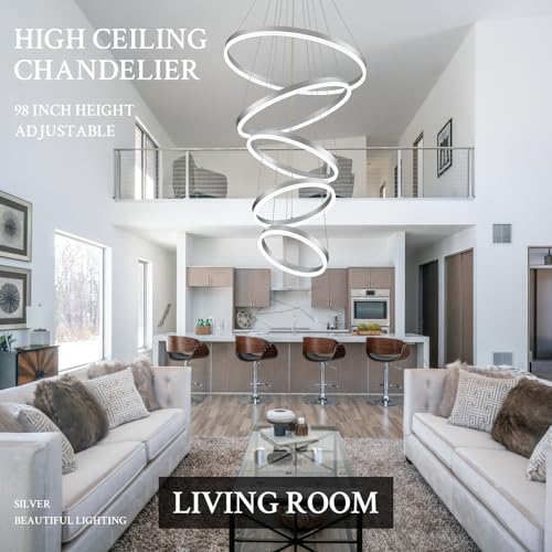 Modern LED Chandelier for Foyer Dimmable Silver High Ceiling Chandeliers Foyer with Remote Control for Entryway Dining Room Living Room Staircase (Silver / 5 Rings 23.6in)