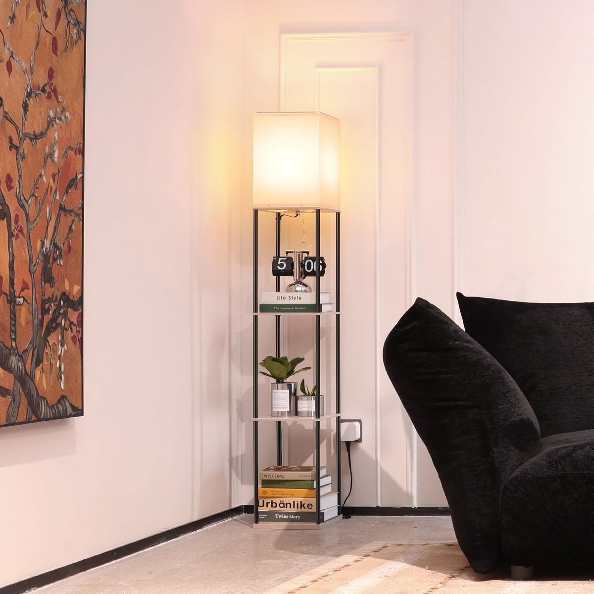 Floor Lamp with Shelves (Beige+Black-1 Pack)