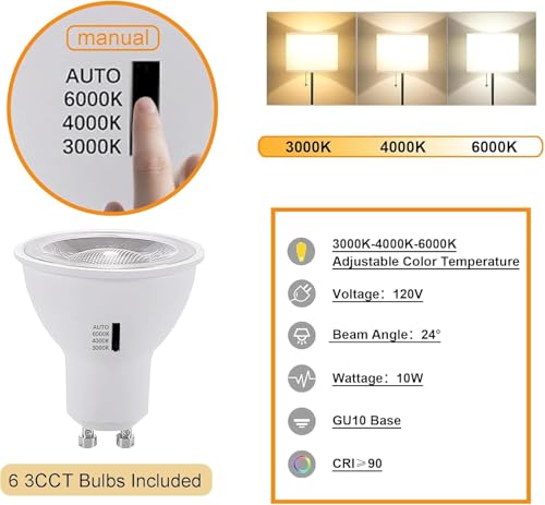 Track Lighting Kit with GU10 3CCT Dimmable Replaceable Bulbs White 6 Heads (White)