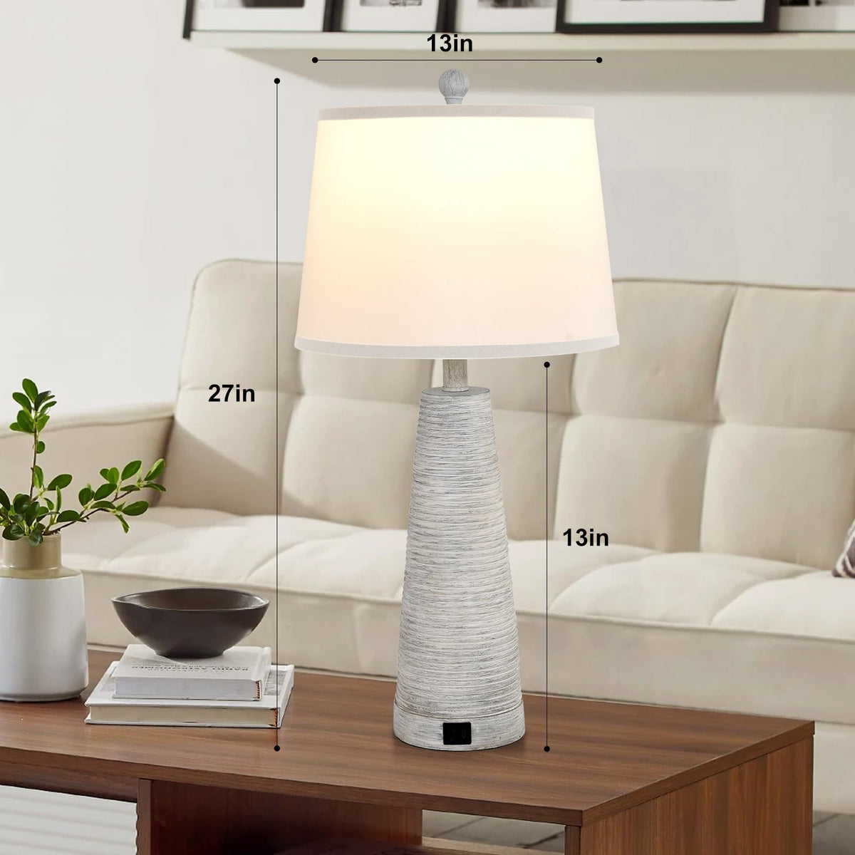 Nightstand Lamp Bedside Lamps Set of 2 Vintage Rustic Farmhouse Table Lamp 3 Way Dimmable Horizontal Stripe Light (White / High 24/27 Inch)