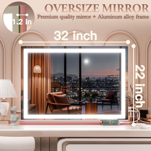 32"x22" Large Pink Vanity Mirror with Lights (White / 22"L x 32"W)