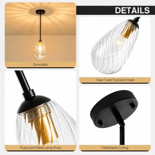 Black Gold Twisted Glass Pendant Lights Kitchen Island Modern (2-Pack Black Gold)