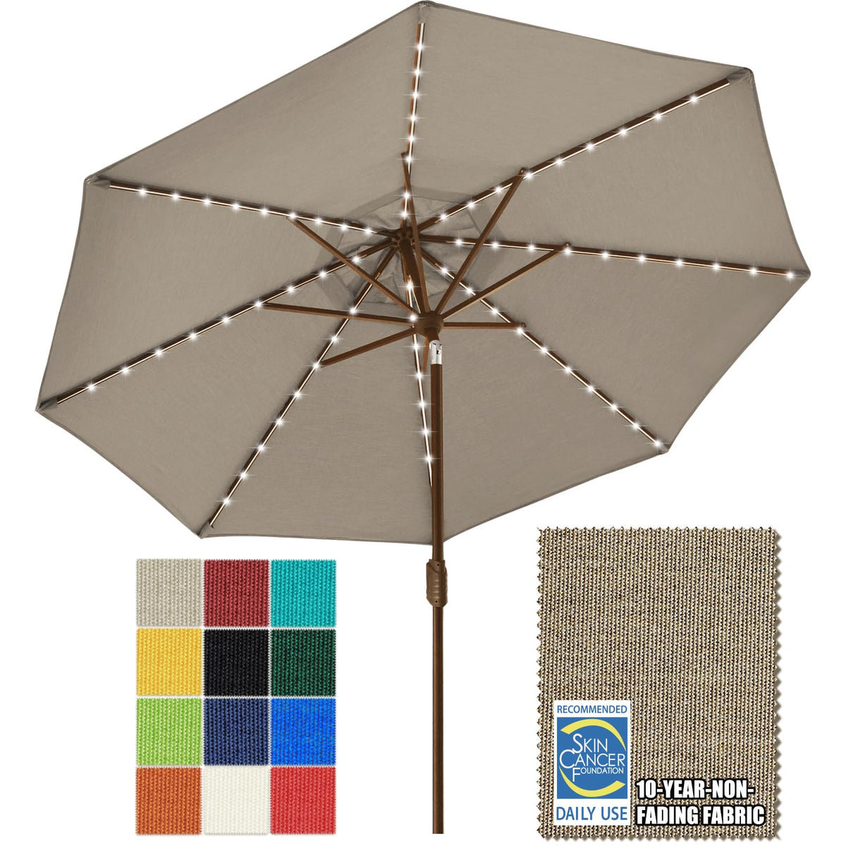 USA 10-Year-Non-Fading 9ft Market Patio Umbrella, Commercial Grade Table Sun Umbrella with 80 Solar LED Lights, Crank Open, Windproof & UPF 50+ UV Protection for Garden, Deck, Pool, Backyard, Mushroom (Mushroom / 9 FT(Single Vent Tilt))