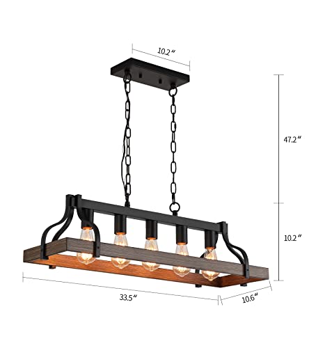 Rustic Kitchen Island Dining Room Light Fixture Farmhouse Linear Chandelier Black and Retro Wood Finish 5 (5-Light retro wood)