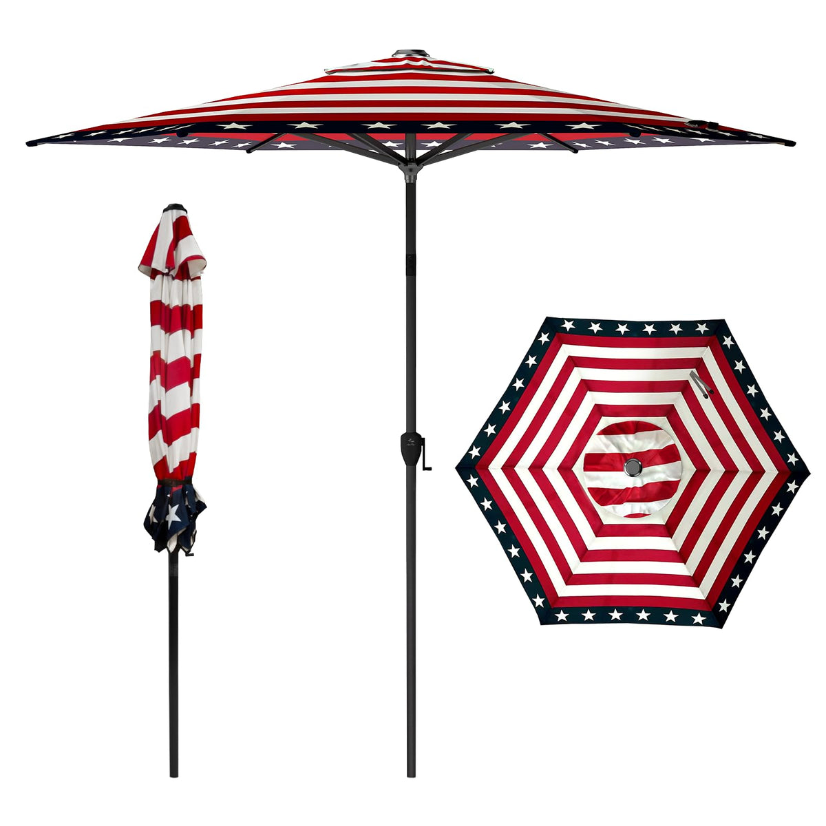 9FT Lyon Outdoor Patio Umbrella Outdoor Table Umbrella with Push Button Tilt and Crank Market Umbrella 6 Sturdy Ribs UV Protection Waterproof for Garden Deck Backyard Pool (9 FT(6 Ribs) / Star Stripe)
