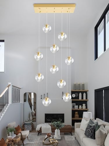 10 Lights Chandeliers for Dining Room Glass Globe Pendant Light Gold Chandeliers Rectangle Pendant Ceiling Light Fixture for Kitchen Island Dining Room Over Table Entryway Lighting Fixture (Gold-Clear / Rectangle 10-Light)