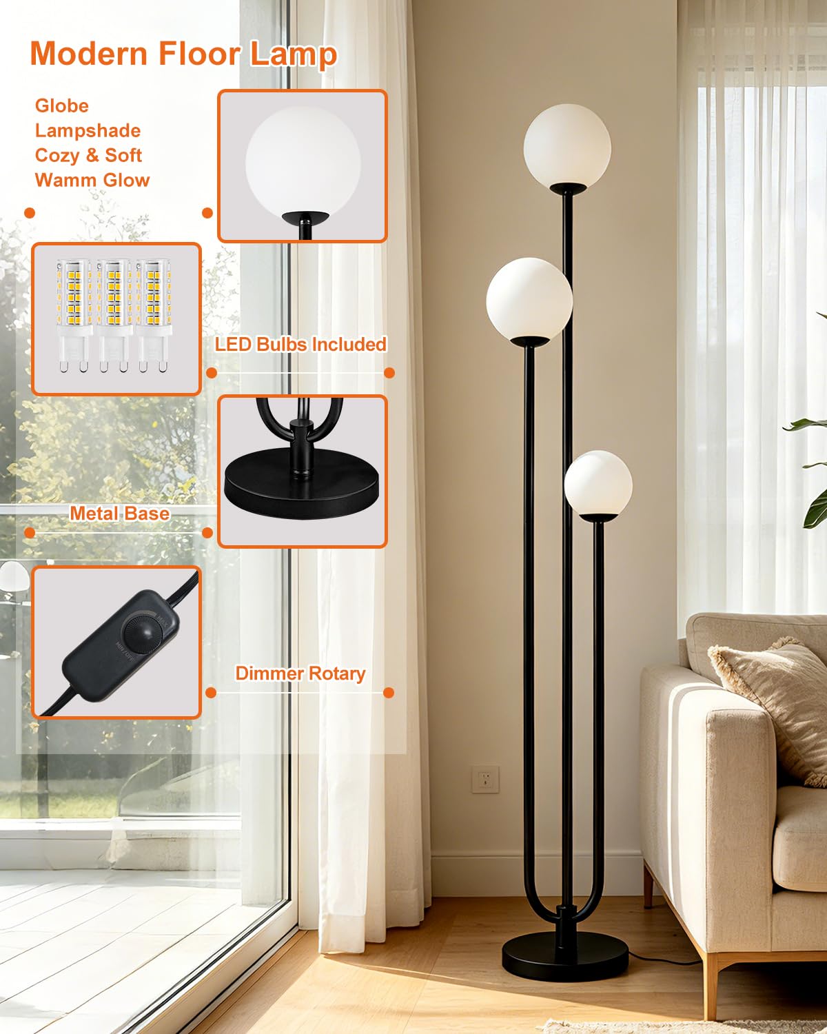 63IN 3 Light Dimmable Globe Floor Lamp Unique Black Tall Lamps (Black-3U)