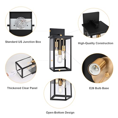 3 Light Large Outdoor Wall Light Fixture (Black & Brass / 3-Light, 1-Pack)
