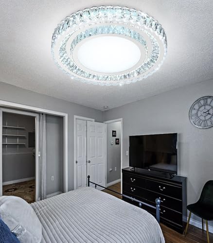 23.6" Dimmable Crystal Chandelier Modern LED Flush Mount Ceiling Light Fixtures for Living Room Bedroom Hallway Kitchen Island Staircase Silver (23.6" Silver)