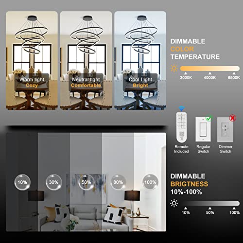 Modern LED Chandeliers High Ceilings (Black / 4-rings/D31.5in)