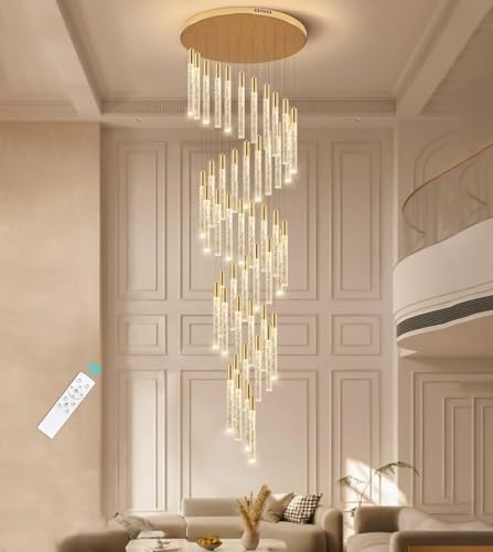 20 Foot 48 Light Gold High LED Dimmable Chandeliers Ceiling Pendant Light Fixtures Remote Control Light Fixtures Crystal Raindrop Fixtures Living Room Staircase Entrances (48 lights / Gold)