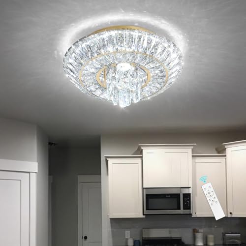 Crystal Chandelier Modern Round Ceiling Light Fixture LED Raindrop Chandeliers Dimmable with Remote for Dining Room Living Room Entryway Hallway Bedroom Gold (Gold / W16")