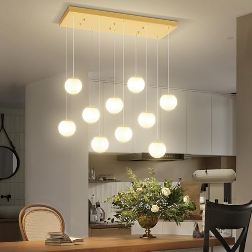 10 Lights Globe Chandelier Gold Pendant Lighting Fixture Hanging Ceiling Light for Dining Room (Gold-White / Rectangle 10-Light)