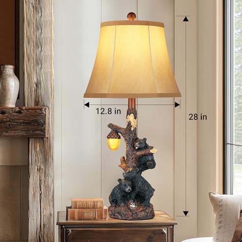 Set of 2 Bear Bedside Table Lamps for Bedroom with Nightlight & USB A+C (Rustic)